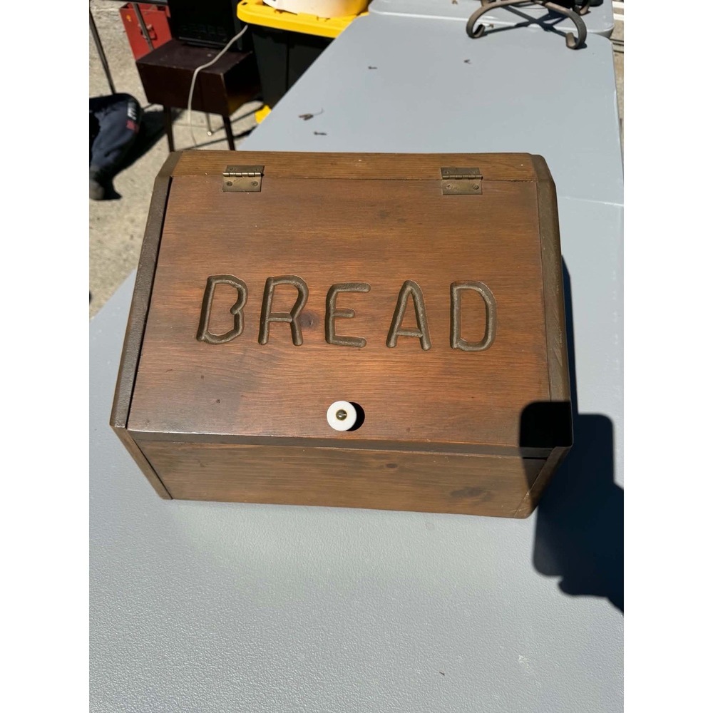 Vintage Wooden Bread Box Rustic Farmhouse Carved BREAD White Knob Ventilated